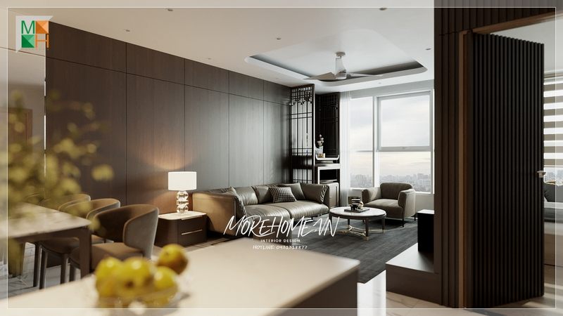 Các không gian trong phòng khách căn hộ được trang trí mở rộng để tạo ra sự thoải mái.